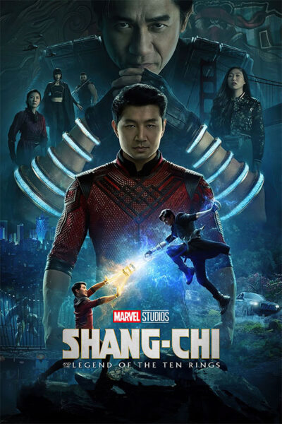 Movie poster for Shang-Chi and the Legend of the Ten Rings (2021), featuring main characters in dramatic poses with glowing rings and a cityscape background. Movie poster print available in A1 to A4 sizes.
