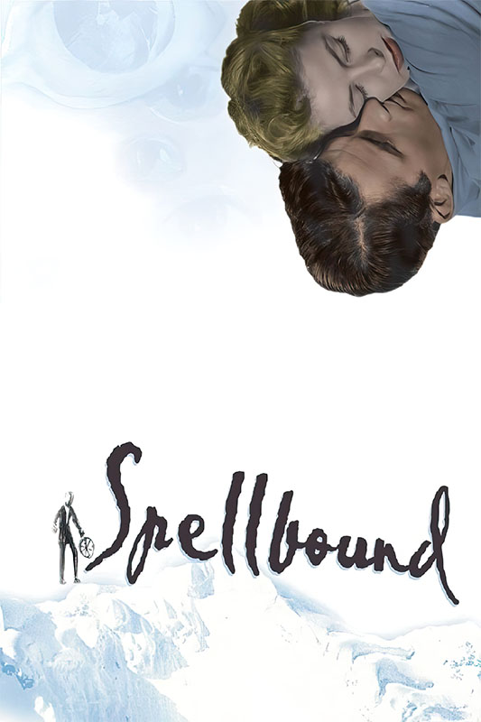 Product-Image_0001_Spellbound.jpg A man and woman kiss at the top of the image with the word Spellbound in large stylized letters below, featuring snow and a small silhouetted figure—a captivating scene from Alfred Hitchcocks Spellbound movie. Movie poster print available in A1 to A4 sizes.