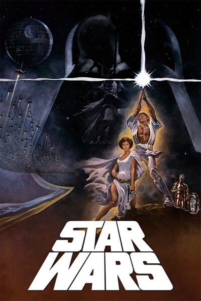 Poster for the 1977 Star Wars movie featuring Luke Skywalker with a lightsaber, Princess Leia, Darth Vader, the Death Star, starships, C-3PO and R2-D2 droids, and the iconic Star Wars logo below. Movie poster print available in A1 to A4 sizes.