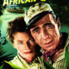 Movie poster for the classic film The African Queen (1951 movie) showing a man and woman in the foreground with a riverboat and jungle backdrop. Movie poster print available in A1 to A4 sizes.