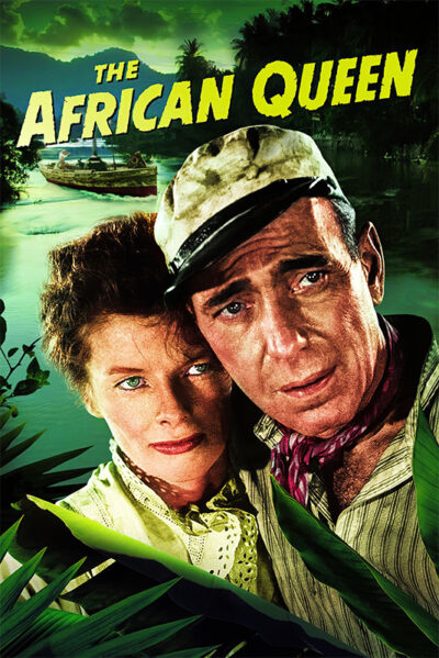 Movie poster for the classic film The African Queen (1951 movie) showing a man and woman in the foreground with a riverboat and jungle backdrop. Movie poster print available in A1 to A4 sizes.