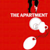 Minimalist red poster for The Apartment (1960) featuring a man and a woman above the title, with an illustration of a key and keychain below. Movie poster print available in A1 to A4 sizes.