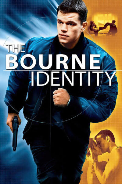 Movie poster for the 2002 action thriller The Bourne Identity, showing a man running with a gun amid action and emotional scenes. The title text is prominently displayed across the image. Movie poster print available in A1 to A4 sizes.