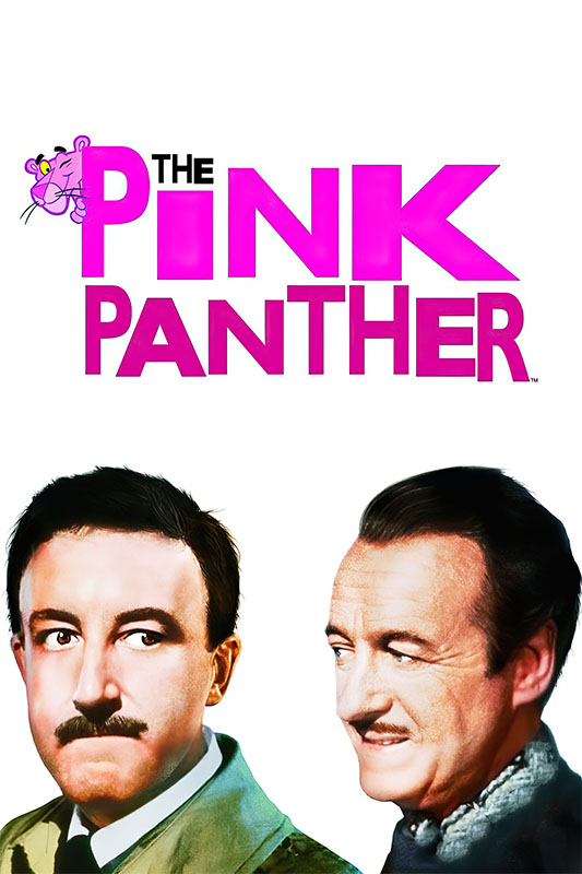 Product-Image_0001_The Pink Panther.jpg Movie poster for the 1963 movie The Pink Panther featuring illustrated title with a cartoon panther and two men with mustaches looking at each other below the text. Movie poster print available in A1 to A4 sizes.