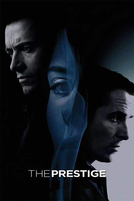 Product-Image_0001_The Prestige.jpg Movie poster for The Prestige (2006) showing two mens profiles facing opposite directions with a womans face superimposed between them, and the movie title at the bottom. Movie poster print available in A1 to A4 sizes.