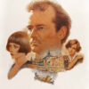 Illustrated movie poster for the 1984 film The Razors Edge featuring three characters faces, a cityscape, and a man rowing a boat. The film title appears at the bottom. Movie poster print available in A1 to A4 sizes.