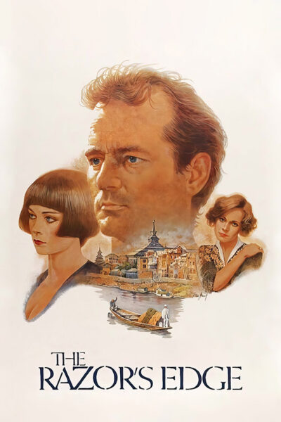 Illustrated movie poster for the 1984 film The Razors Edge featuring three characters faces, a cityscape, and a man rowing a boat. The film title appears at the bottom. Movie poster print available in A1 to A4 sizes.