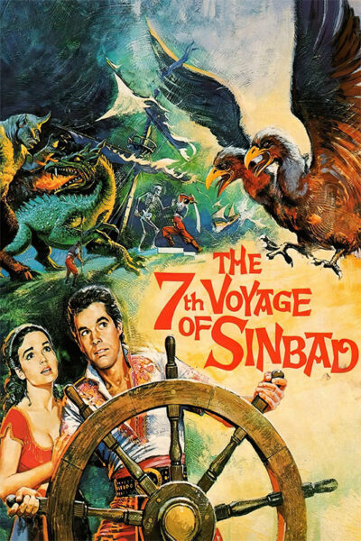 Illustrated poster for the Sinbad 1958 movie, The 7th Voyage of Sinbad, featuring Sinbad and a woman at a ship’s wheel, with mythical creatures and dramatic scenes in the background. Movie poster print available in A1 to A4 sizes.