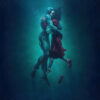 A woman in a red dress embraces a humanoid aquatic creature underwater against a dark blue background. Text at the bottom reads, The Shape of Water, referencing Guillermo del Toro’s acclaimed 2017 film. Movie poster print available in A1 to A4 sizes.