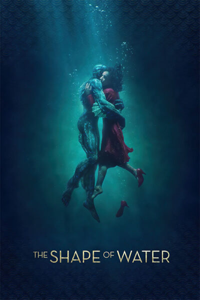 A woman in a red dress embraces a humanoid aquatic creature underwater against a dark blue background. Text at the bottom reads, The Shape of Water, referencing Guillermo del Toro’s acclaimed 2017 film. Movie poster print available in A1 to A4 sizes.