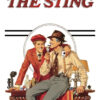 Illustrated poster for the 1973 movie The Sting, showing two men in vintage attire—one sitting on a desk holding cards, the other standing beside him—with the film title above them. Movie poster print available in A1 to A4 sizes.