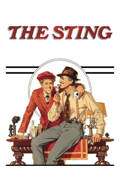 Illustrated poster for the 1973 movie The Sting, showing two men in vintage attire—one sitting on a desk holding cards, the other standing beside him—with the film title above them. Movie poster print available in A1 to A4 sizes.