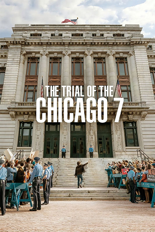 Product-Image_0001_The Trial of the Chicago 7.jpg A crowd with protest signs gathers in front of a large courthouse as police stand guard; text reads The Trial of the Chicago 7, inspired by the 2020 Chicago 7 movie. Movie poster print available in A1 to A4 sizes.