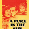 Poster for the 1951 movie A Place in the Sun featuring illustrations of three faces, a couple walking, and the film’s title in bold black letters on a yellow background. Movie poster print available in A1 to A4 sizes.
