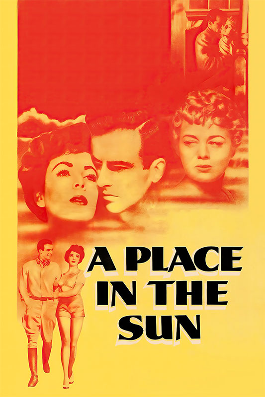 Product-Image_0002_A Place in the Sun.jpg Poster for the 1951 movie A Place in the Sun featuring illustrations of three faces, a couple walking, and the film’s title in bold black letters on a yellow background. Movie poster print available in A1 to A4 sizes.