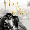 A man playing guitar and a woman smiling at each other, sitting closely together, with the text A Star Is Born in gold letters above them from the 2018 movie starring Bradley Cooper. Movie poster print available in A1 to A4 sizes.