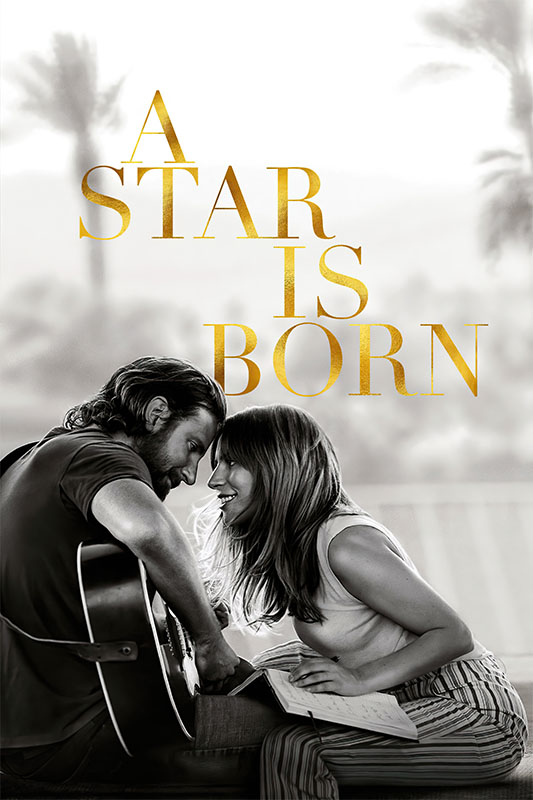 Product-Image_0002_A Star Is Born.jpg A man playing guitar and a woman smiling at each other, sitting closely together, with the text A Star Is Born in gold letters above them from the 2018 movie starring Bradley Cooper. Movie poster print available in A1 to A4 sizes.