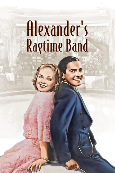A woman in a pink dress and a man in a blue suit sit back-to-back, smiling, with Alexanders Ragtime Band (1938) written above them. Movie poster print available in A1 to A4 sizes.