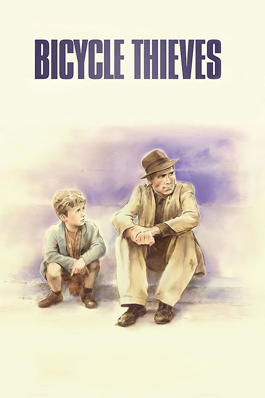 Product-Image_0002_Bicycle Thieves.jpg Poster for the classic Italian film Bicycle Thieves (1949), showing a man in a hat and suit sitting next to a young boy, both looking to the right against a light background. Movie poster print available in A1 to A4 sizes.