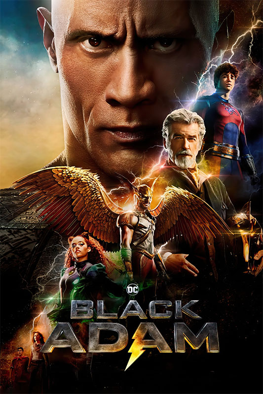 Product-Image_0002_Black Adam.jpg 2022 Black Adam movie poster featuring a striking image of Dwayne Johnson’s face, with other characters and lightning effects in the background. The title Black Adam appears boldly at the bottom. Movie poster print available in A1 to A4 sizes.