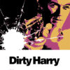 A stylized poster for Dirty Harry 1971 shows a man aiming a gun with a shattered glass effect and bold black text reading Dirty Harry below, evoking the intense persona of Clint Eastwood. Movie poster print available in A1 to A4 sizes.
