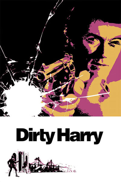 A stylized poster for Dirty Harry 1971 shows a man aiming a gun with a shattered glass effect and bold black text reading Dirty Harry below, evoking the intense persona of Clint Eastwood. Movie poster print available in A1 to A4 sizes.
