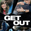 Product-Image_0002_Get Out.jpg Movie poster for the 2017 horror film Get Out featuring fragmented images of characters, including close-ups of a man, a couple smiling, an embrace, and the film title in bold white letters. Movie poster print available in A1 to A4 sizes.