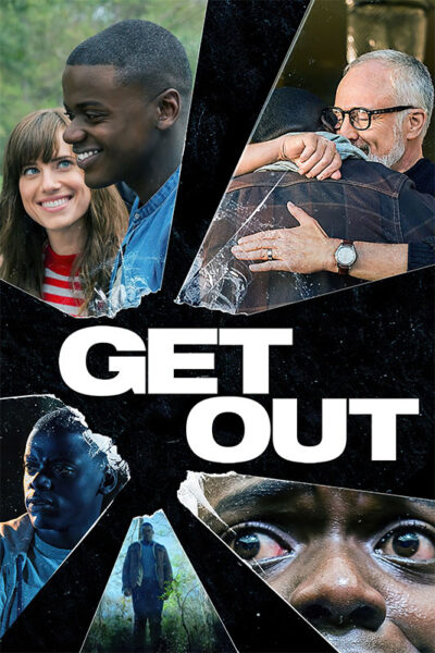 Movie poster for the 2017 horror film Get Out featuring fragmented images of characters, including close-ups of a man, a couple smiling, an embrace, and the film title in bold white letters. Movie poster print available in A1 to A4 sizes.