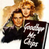 A painted movie poster for the 1939 film Goodbye Mr. Chips shows a man and a woman embracing above a large book with the film title on the cover. Movie poster print available in A1 to A4 sizes.