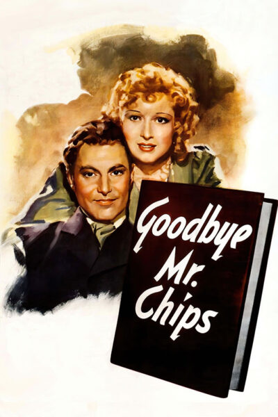 A painted movie poster for the 1939 film Goodbye Mr. Chips shows a man and a woman embracing above a large book with the film title on the cover. Movie poster print available in A1 to A4 sizes.