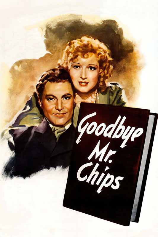 Product-Image_0002_Goodbye, Mr. Chips.jpg A painted movie poster for the 1939 film Goodbye Mr. Chips shows a man and a woman embracing above a large book with the film title on the cover. Movie poster print available in A1 to A4 sizes.