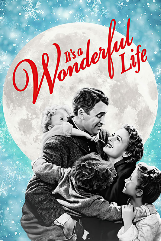 Product-Image_0002_It's a Wonderful Life.jpg Black-and-white image of a smiling family embracing in front of a large full moon, with the words Its a Wonderful Life in red script above them. A snowflake pattern decorates the blue background, evoking the classic 1949 movie magic. Movie poster print available in A1 to A4 sizes.