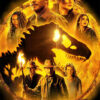 Poster for Jurassic World Dominion 2022 featuring main characters, a large dinosaur skull silhouette, and a fiery background. Movie poster print available in A1 to A4 sizes.