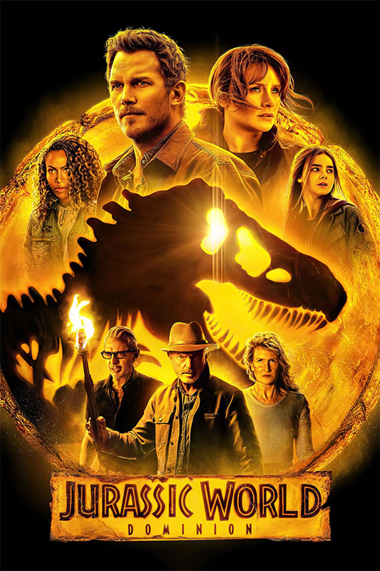Product-Image_0002_Jurassic World Dominion.jpg Poster for Jurassic World Dominion 2022 featuring main characters, a large dinosaur skull silhouette, and a fiery background. Movie poster print available in A1 to A4 sizes.