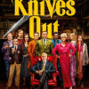 A group of eleven people stand and sit before a large Knives Out movie title with a magnifying glass in the background, evoking the 2019 film’s signature mystery and detective theme. Movie poster print available in A1 to A4 sizes.