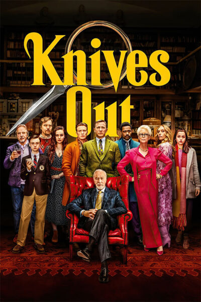 A group of eleven people stand and sit before a large Knives Out movie title with a magnifying glass in the background, evoking the 2019 film’s signature mystery and detective theme. Movie poster print available in A1 to A4 sizes.