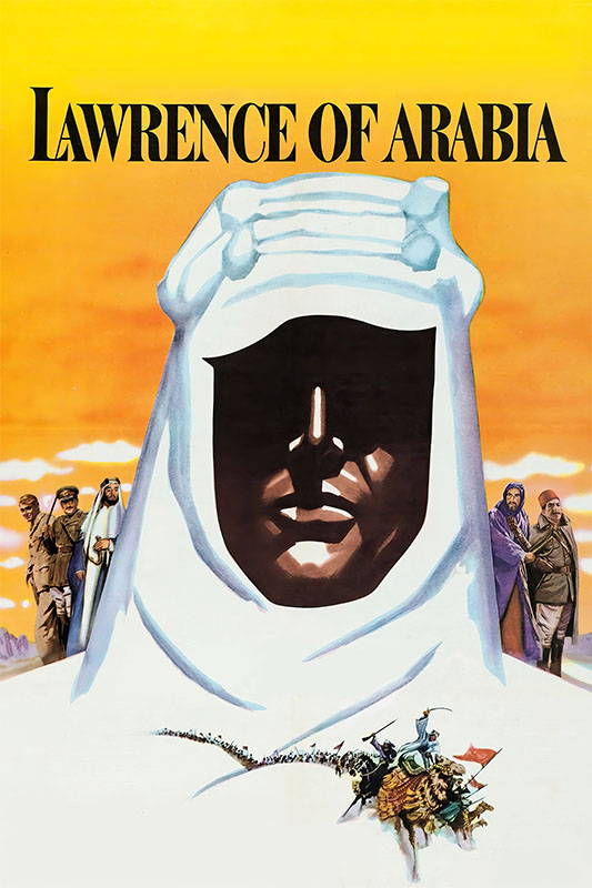 Movie poster for Lawrence of Arabia (1962), featuring a large, stylized face in a headscarf, with figures and a camel caravan below set against a striking yellow sky. Movie poster print available in A1 to A4 sizes.