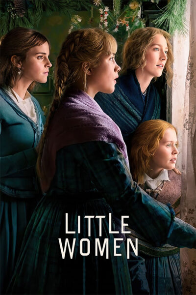 Four young women in period clothing stand closely together, looking out a window with curious expressions. The text Little Women 2019 appears at the bottom. Movie poster print available in A1 to A4 sizes.