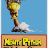 A hand emerges from a cloud holding the Holy Grail filled with various objects; below, the bold, stylized text reads Monty Python and the Holy Grail, referencing the classic 1975 comedy. Movie poster print available in A1 to A4 sizes.