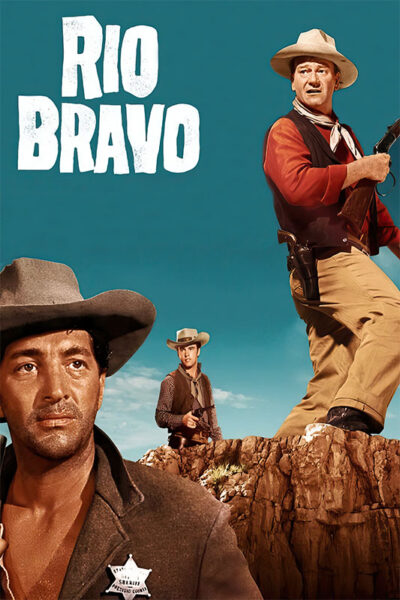 Three cowboys stand on rocky terrain under a blue sky with the text Rio Bravo above them; one holds a rifle, another wears a sheriffs badge in this iconic 1959 movie Western film. Movie poster print available in A1 to A4 sizes.