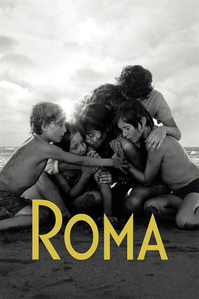 Six children huddle together on a beach in black and white, with the word ROMA in large yellow letters at the bottom. Movie poster print available in A1 to A4 sizes.