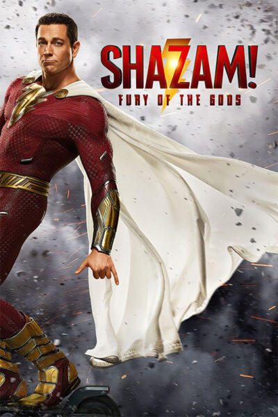 A superhero in a red suit and white cape poses with debris flying around; text reads Shazam! Fury of the Gods, the action-packed 2023 movie. Movie poster print available in A1 to A4 sizes.