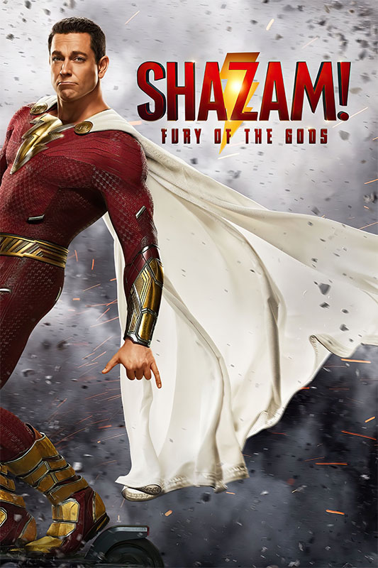 Product-Image_0002_Shazam! Fury of the Gods.jpg A superhero in a red suit and white cape poses with debris flying around; text reads Shazam! Fury of the Gods, the action-packed 2023 movie. Movie poster print available in A1 to A4 sizes.
