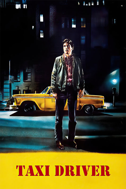 Product-Image_0002_Taxi Driver.jpg A man stands in front of a yellow taxi at night on a city street; the text TAXI DRIVER appears in bold red letters at the bottom, referencing Martin Scorseses iconic 1976 movie. Movie poster print available in A1 to A4 sizes.