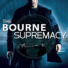 Movie poster for the 2004 movie The Bourne Supremacy shows a man in a dark coat holding a gun, with the film title and background images of action scenes and an intelligence agency seal from the Bourne series. Movie poster print available in A1 to A4 sizes.