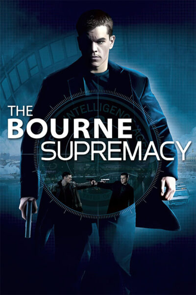 Movie poster for the 2004 movie The Bourne Supremacy shows a man in a dark coat holding a gun, with the film title and background images of action scenes and an intelligence agency seal from the Bourne series. Movie poster print available in A1 to A4 sizes.