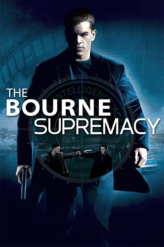 Product-Image_0002_The Bourne Supremacy.jpg Movie poster for the 2004 movie The Bourne Supremacy shows a man in a dark coat holding a gun, with the film title and background images of action scenes and an intelligence agency seal from the Bourne series. Movie poster print available in A1 to A4 sizes.