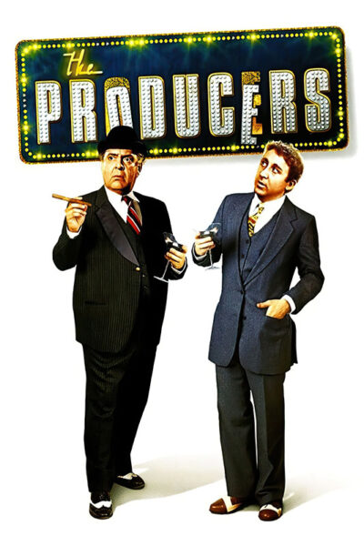 Two men in suits stand with drinks and cigars beneath a large marquee sign that reads The Producers, evoking the classic 1967 movie. Movie poster print available in A1 to A4 sizes.