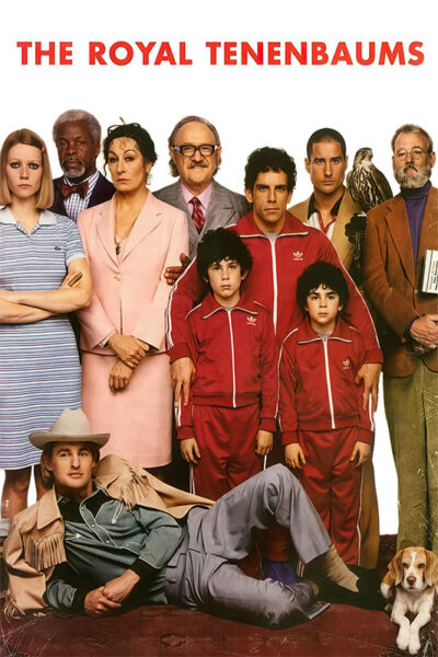 A group of nine people and a dog pose together against a white background under the title The Royal Tenenbaums, capturing the quirky family spirit of the 2001 film. Movie poster print available in A1 to A4 sizes.