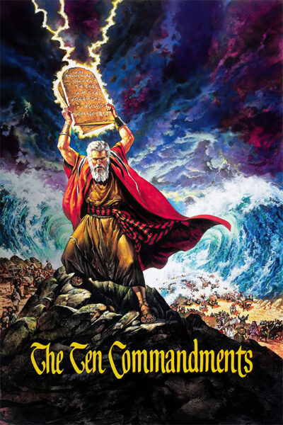 An older man in ancient robes holds stone tablets above his head as stormy clouds and a parted sea surround him. The text reads, The Ten Commandments, capturing the grandeur of the biblical epic 1956 movie. Movie poster print available in A1 to A4 sizes.